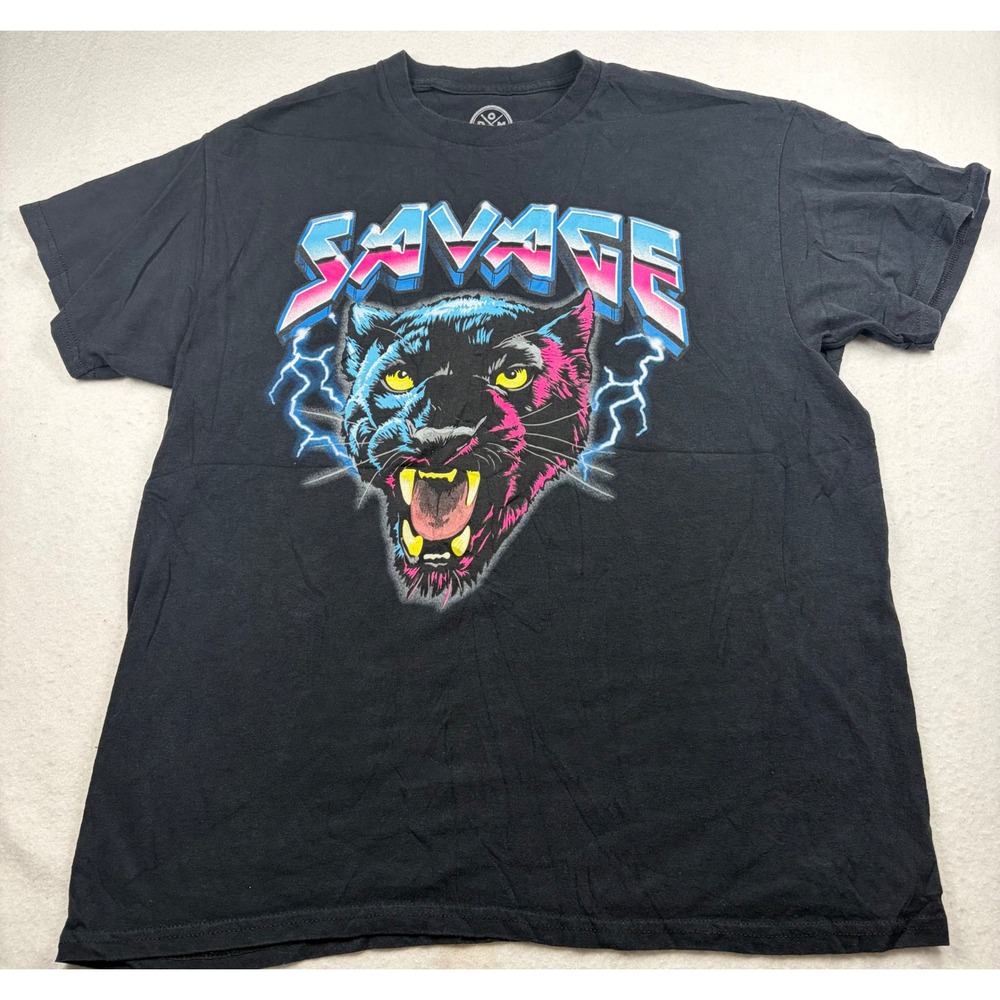 DOM Savage Black Panther Graphic T-Shirt Mens Large Black Retro 80s Synthwave